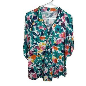 Emily Daniels Blouse Women's XL Colorful 3/4 Sleeve Collared Shirt Top Casual
